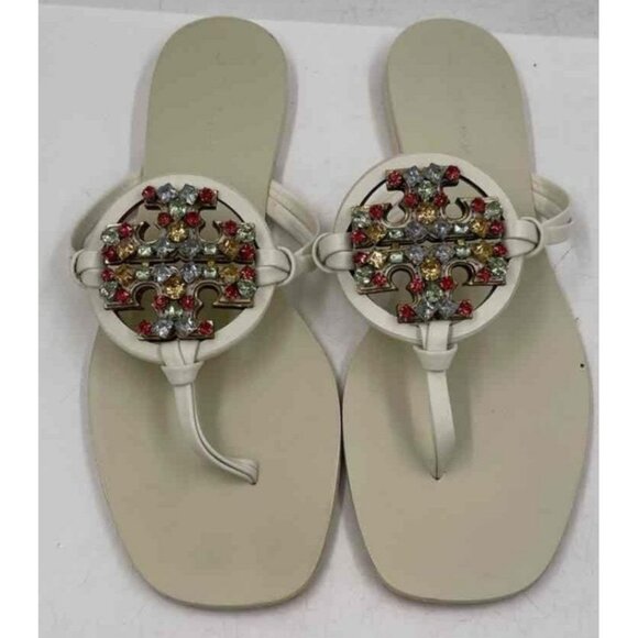 Tory Burch Crystal Miller Square Toe Calf Leather / Embellished Sandals Size 8.5 - Picture 1 of 4
